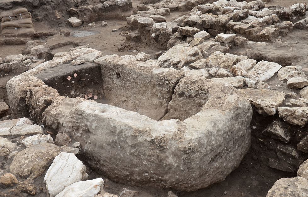 אגן אבן לנוזלים ששימש, ככל הנראה, לטקסים פולחניים (צילום: יולי שוורץ, רשות העתיקות)