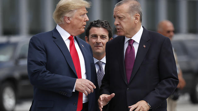President Donald Trump, left, talks with Turkey's President Recep Tayyip Erdogan