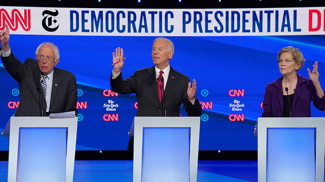 Bernie Sanders, Joe Biden and Elizabeth Warren at Tuesday night's Democratic debate in Ohio (Photo: Reuters)