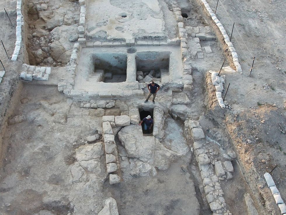 Aerial view of the winepresses and the adjacent ritual bath at Ancient Usha (Photo: Israel Anitiquity Authority)