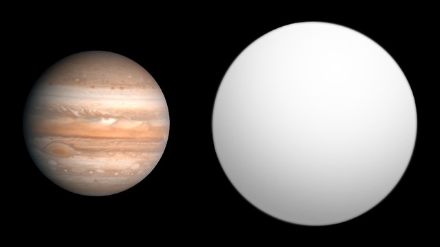 HAT-P-9b מימין. משמאל כוכב הלכת צדק (הדמיה: מתוך מאמר ב-he Astrophysical Journal)