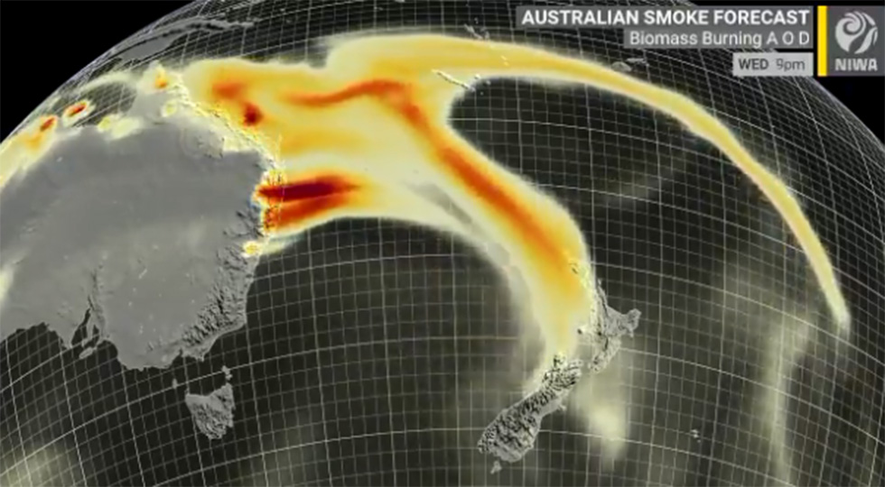 תמונת לוויין עשן מ שריפות אוסטרליה מגיע ל ניו זילנד ()