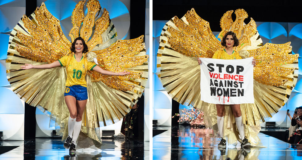 מיס ברזיל מניפה שלט הקורא לעצור את האלימות נגד נשים  (צילום: Patrick Prather, Miss Universe)