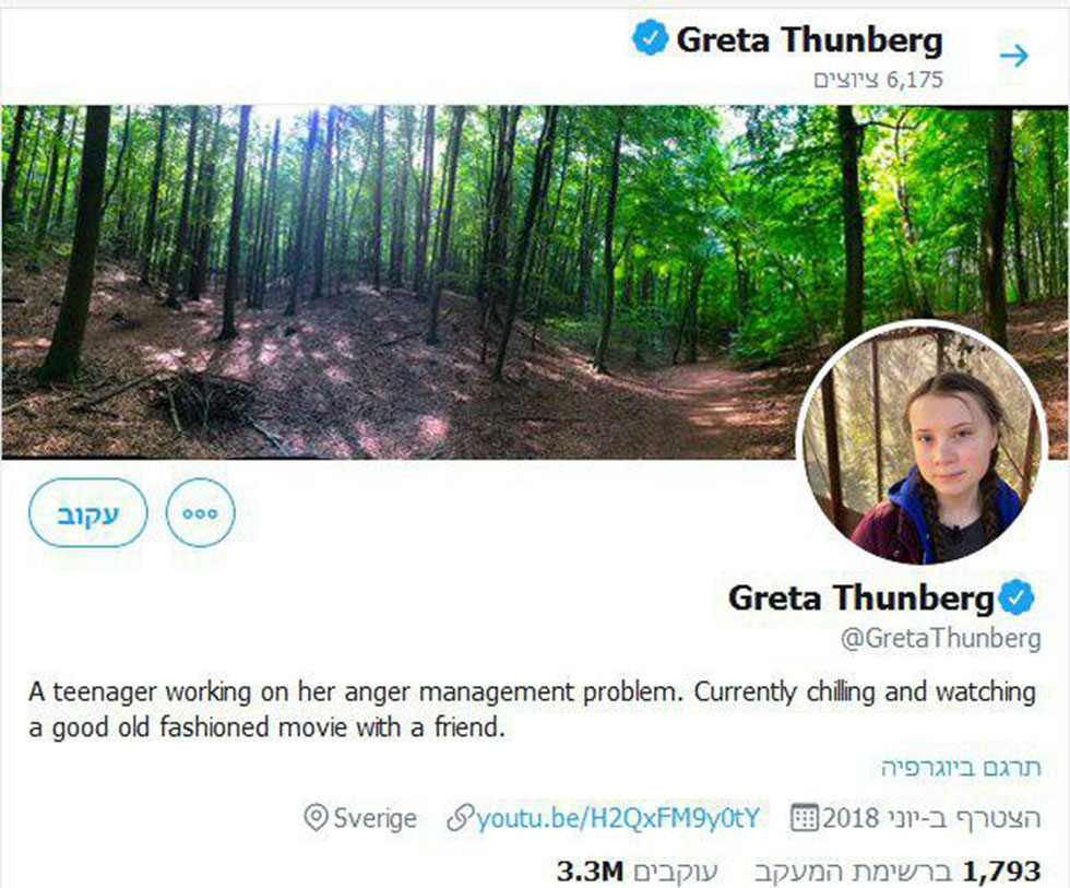 גרטה טונברג פעילת אקלים פרופיל טוויטר ()