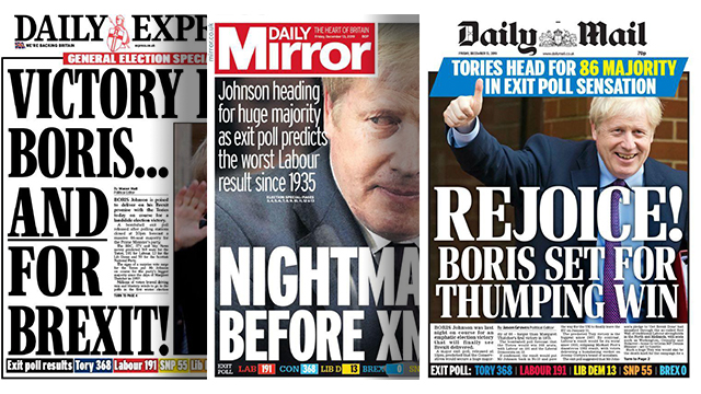 בריטניה בחירות שערי עיתונים ניצחון שמרנים בוריס ג'ונסון ג'רמי קורבים ()