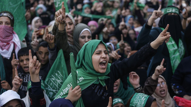 העצרת המרכזית של חמאס לרגל יום השנה ה-32 ליסוד הארגון (צילום: AFP)