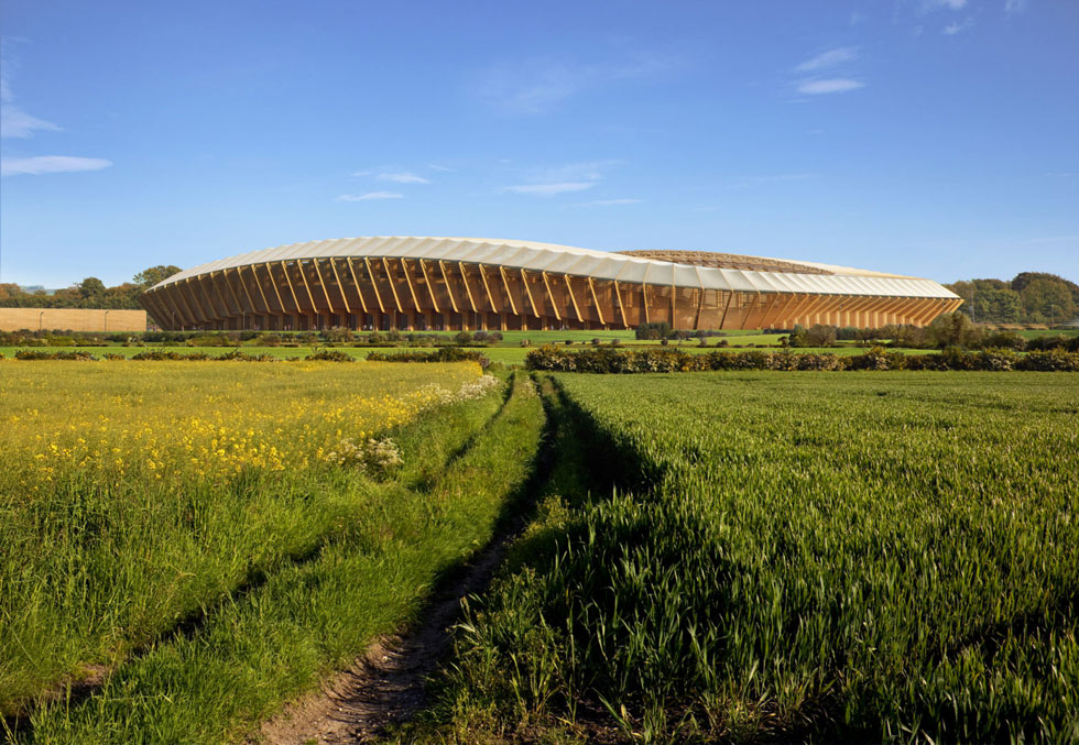 הדמיה של האצטדיון העומד להיבנות בשדות גלוסטרשייר, בדרום-מערב אנגליה. היו שהתנגדו בטענה שהנזק לטבע גדול מערכה של הבחירה בחומרי בנייה בני קיימא (הדמיה: Render by MIR)