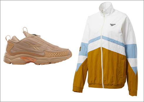 מעיל רוח בצבעוניות של תכלת, חום ולבן, 250 שקל | נעלי ספורט בצבע אדמה עם רוכסן קדמי, 350 שקל