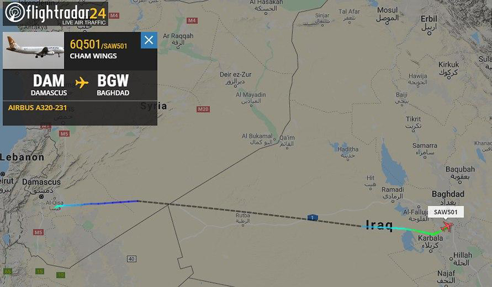 מטוס חברת התעופה הסורית Cham Wings סוריה נמל התעופה ב בגדד חיסול מפקד כוח קודס קאסם סולימאני חוסל ב עיראק (צילום: FlightRadar24)