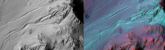 ערוצונים במאדים בצילום של הלווין Mars Reconnaissance Orbiter. גם באפיון מינרלוגי (מימין) אין בהם סימנים למים זורמים  (צילום: NASA/JPL-Caltech/UA/JHUAPL)