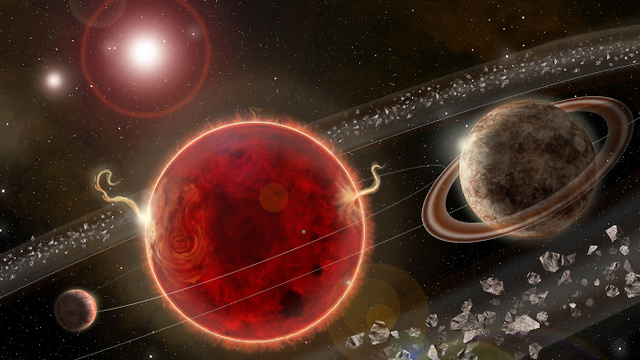כוכב הלכת שהתגלה (מימין), לצד פרוקסימה קנטאורי (אדום), כוכב הלכת הקטן יותר וטבעת האבק (איור: Lorenzo Santinelli)