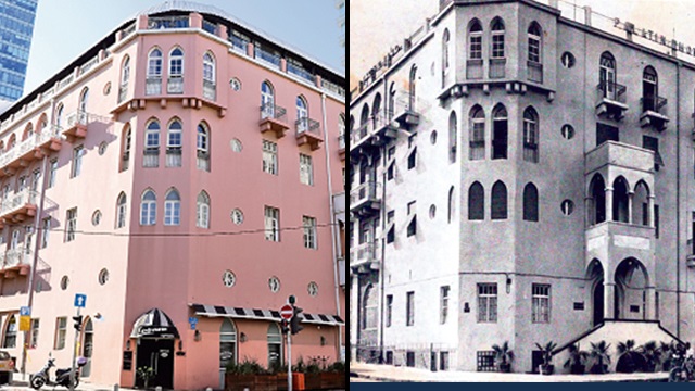 מלון פלטין של פעם מתוך גלויה משנות ה־20 (מימין), וכיום (צילום: עזרא לוי)