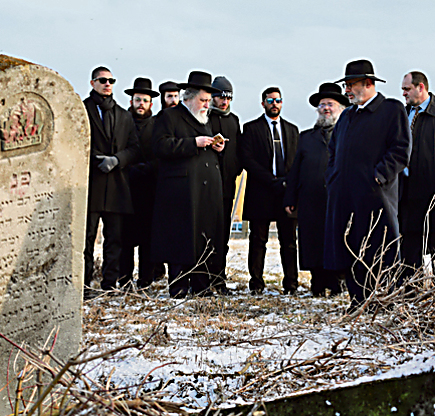 הרב שפירא (רביעי משמאל) באחד מבתי הקברות. "מבחינתי מדובר במצווה" (באדיבות משפחת לוקר, יצחק שפירא ורם משה ראב"ד, ESJF)