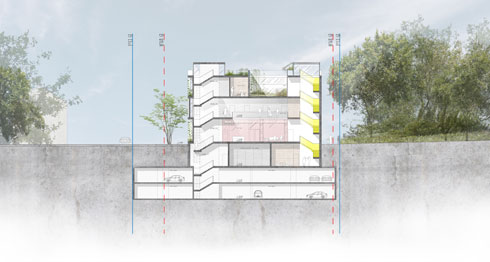 מעל שתי קומות חניון: מרתף לאולמות, קומת הכניסה, קומות השיעורים וקומת גג (תוכנית: סיטון פלוס טנוס אדריכלים)