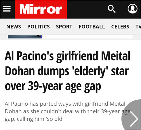 ה"דיילי מירור" הבריטי: "חברתו של אל פצ'ינו זורקת את הכוכב ה'קשיש' בגלל פער של 39 שנים" 