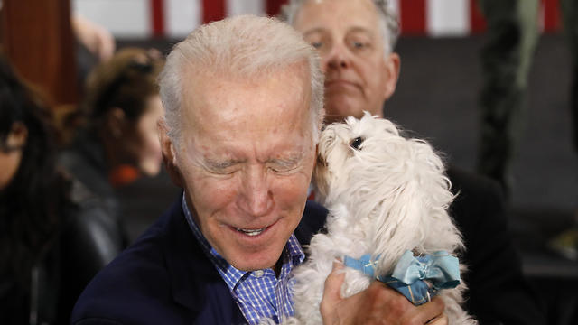 כלב מלקק את ג'ו ביידן בלאס וגאס (צילום: AP)