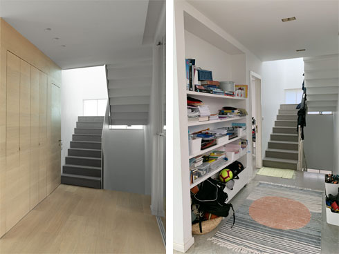 המעבר וגרם המדרגות, לפני ואחרי (צילום: יעל כפיף, גדעון לוין)
