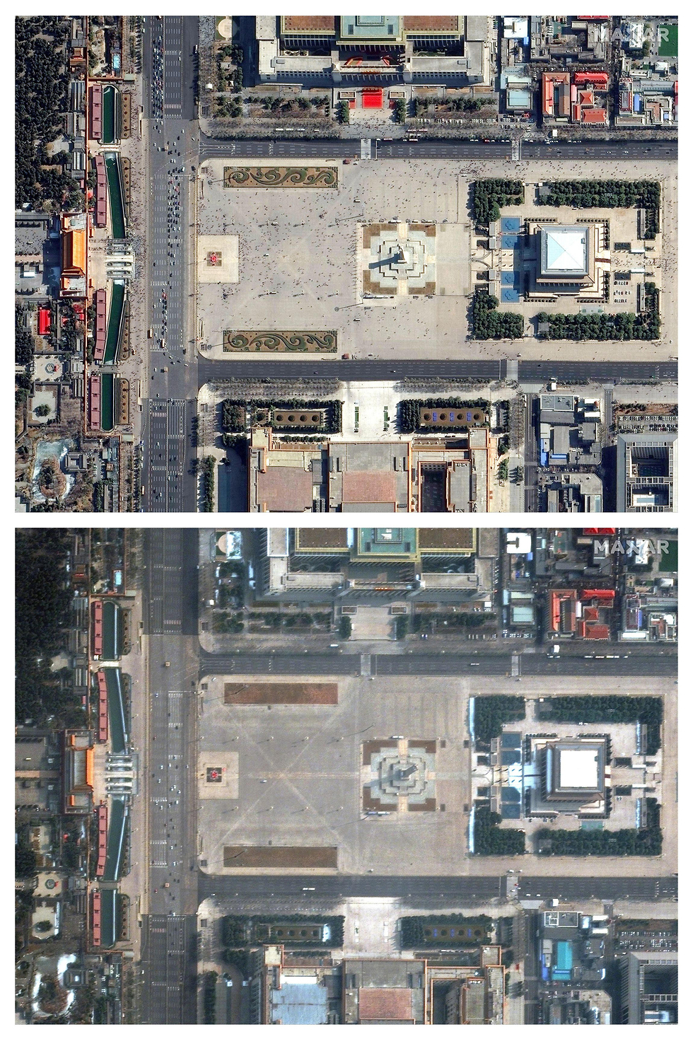 כיכר טיאננמן בייג'ינג סין לפני ואחרי התפרצות נגיף קורונה פברואר 2020 פברואר 2019 (צילום: רויטרס)