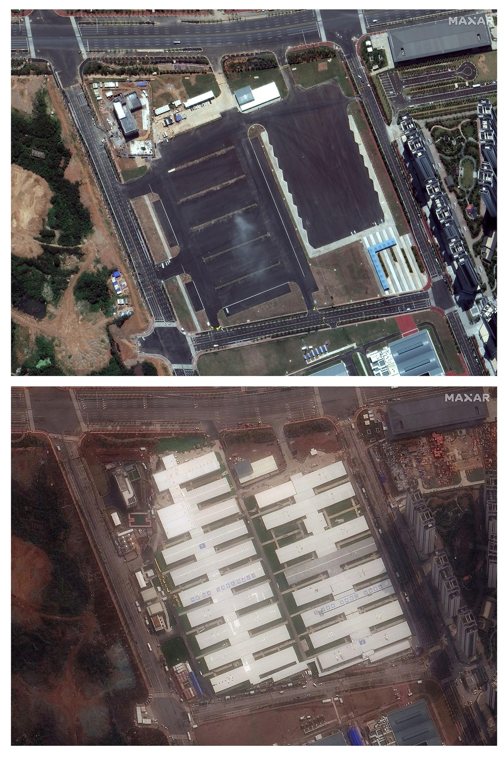 בית חולים חדש ווהאן סין לפני ואחרי התפרצות נגיף קורונה מרץ 2020 אוגוסט 2019 (צילום: רויטרס)