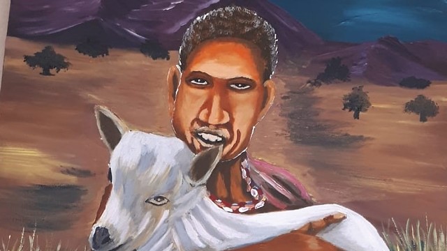 ציור של איש צעיר שחור עור מחזיק גדי לבן  (ציור : גאמרלדין עלי)