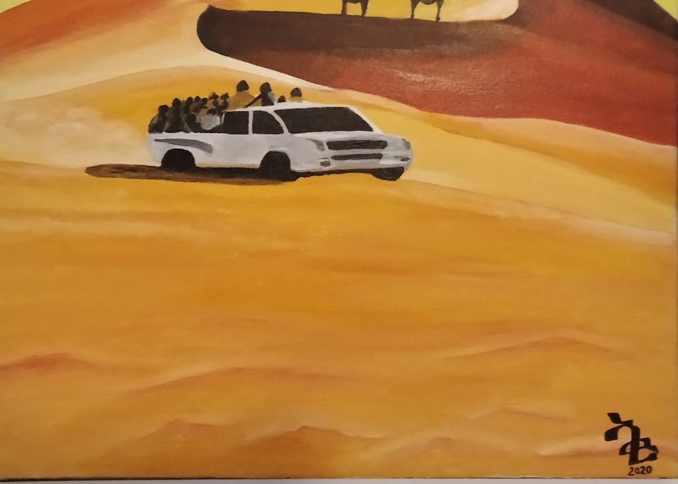 ציור של מכונית נוסעת במדבר (ציור : אפוורקי טעמה )