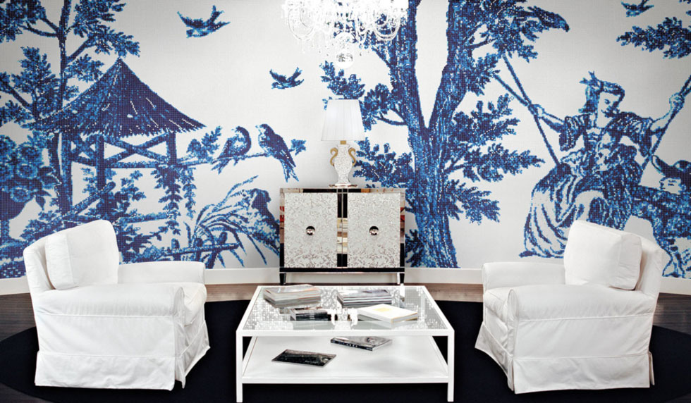 פסיפס ''הגן הכחול'' של פטריסיה אורקיולה הוא אחת הדוגמאות המובהקות להשראה טקסטילית, שכן יוצר בסגנון הווילונות בחדר ילדותה (צילום: Bisazza- HeziBank)