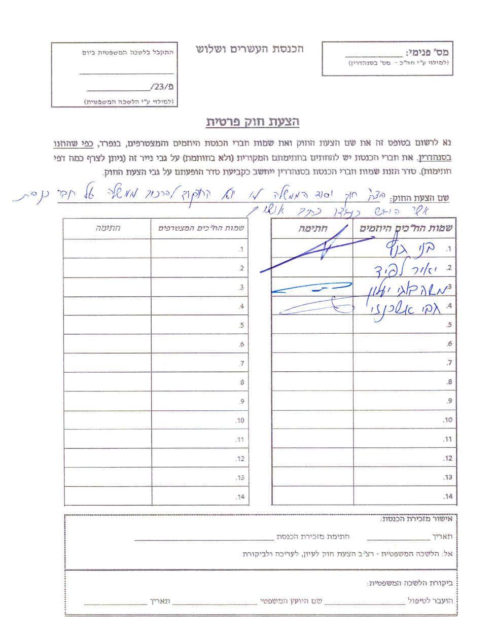 הצעת החוק של גנץ שהוגשה בהשבעת הכנסת ולפיה לא יוכל להרכיב ממשלה מי שיש נגדו כתב אישום ()