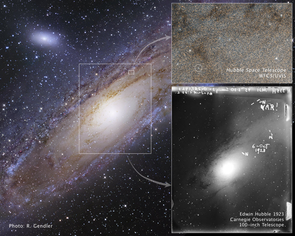 תמונות של הכוכב ששינה את היקום. בצד ימין למטה מופיע לוח הצילו המקורי של אנדרומדה כפי שצילם האבל. עליו מסומן הקפאיד באותיות VAR (משתנה).  (התמונה באדיבות נאס