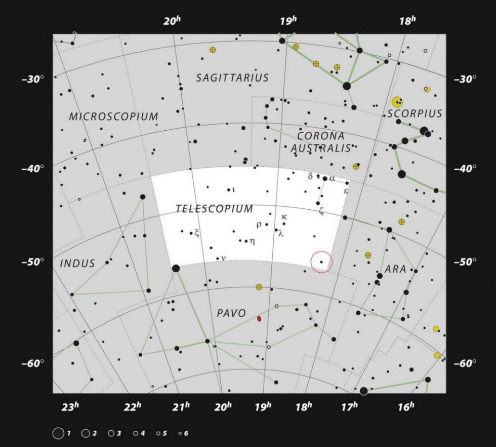 מפה זו מציגה את מרבית הכוכבים הנראים לעין ללא עזרה בתנאים טובים והמערכת HR 6819 עצמה מסומנת בעיגול אדום. את החור השחור לא ניתן לראות אך את שני הכוכבים הנוספים המרכיבים את המערכת ניתן לראות מחצי הכדור הדרומי בלילה חשוך וצלול גם ללא משקפת או טלסקופ.  (קרדיט: ESO, IAU ו- Sky & Telescope)