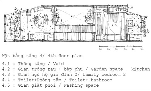 תוכנית הקומה הרביעית. מצד אחד גן ירק ומטבח משני, ומאחור מעונם של בני הזוג (Courtesy of K59atelier)