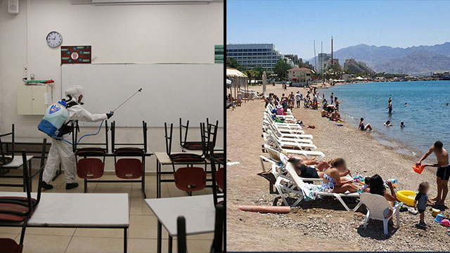 חצי חצי ראשית בית ספר חיטוי חוף טיילת אילת נגיף קורונה (צילום: מאיר אוחיון, אלכס קולומויסקי)