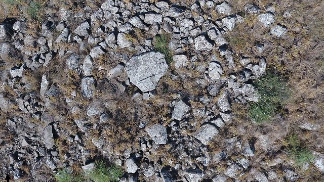 הסלע דמוי הפרצוף האנושי – מבט אוירי על מכסה הדולמן מקריית שמונה (צילום: מיקי פלג, רשות העתיקות)