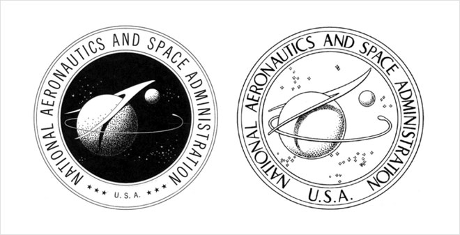 הסקיצות הראשונות ללוגו נאס''א מ-1958, שלימים יקבל את הכינוי Meatball. הסמל השמאלי היה הראשון, לאחר שנשלח לוועדת עיצוב צבאית, גובש הסמל הימני. שימו לב למלה USA שגדלה לזווית של כנפיים שחובקות את כדור הארץ, ולכמות הכוכבים שצומצמה (צילום: NASA)