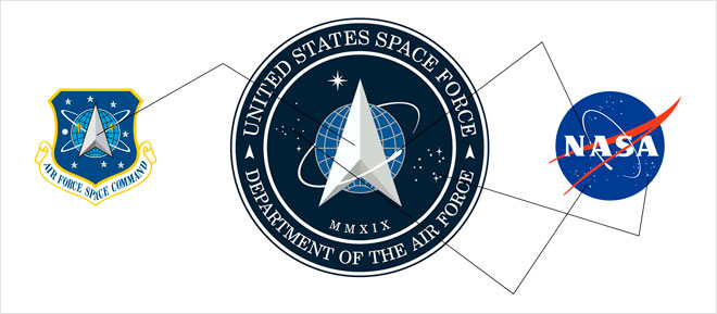 קווי הדמיון של הלוגו החדש של כוח החלל של ארה״ב / המחשה: עודד בן יהודה, עיצוב: Matthew Skeins  (צילום: NASA)