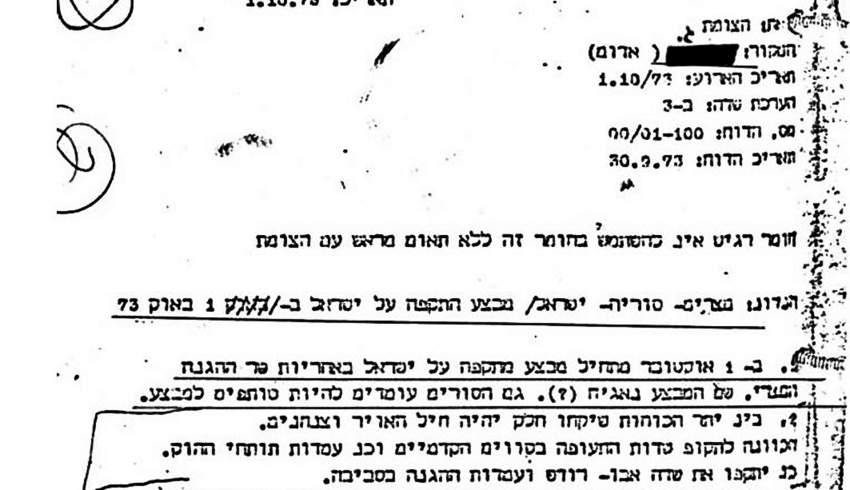 הידיעה שהגיעה מ"גוליית" למוסד על פרוץ מלחמה ב־ 1 באוקטובר 1973