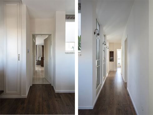 מימין: המסדרון המקיף את הפטיו בקומה העליונה. משמאל: מבואת חדר ההורים (צילום: אורית אלפסי)