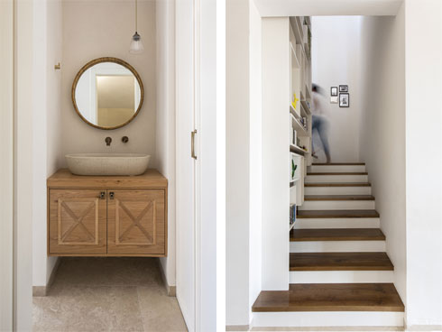 מימין: גרם המדרגות אל קומת חדרי השינה. משמאל: פינה לנטילת ידיים (צילום: אורית אלפסי)