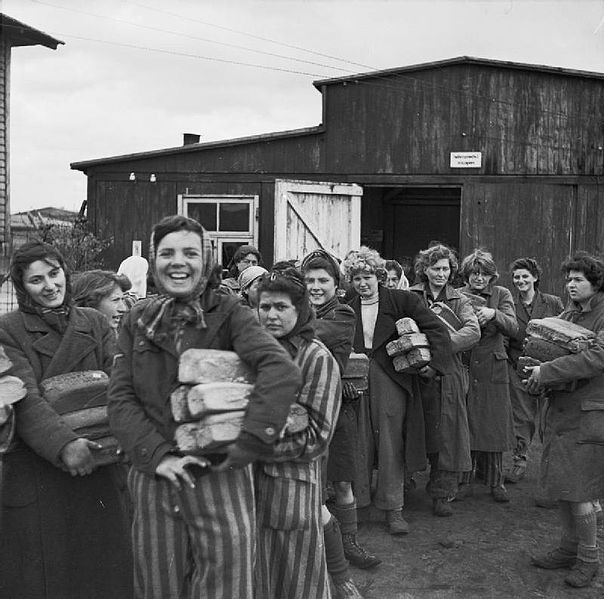 Female prisoners rejoice over the liberation of the Nazi concentration camp Bergen-Belsen, 15 April 1945