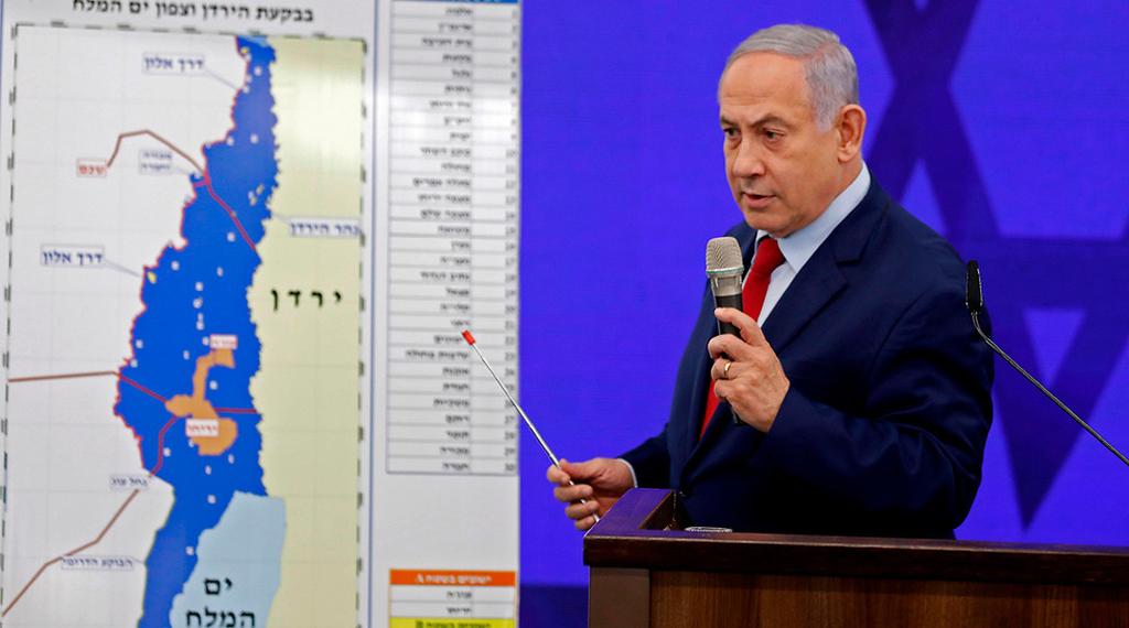 Prime Minister Benjamin Netanyahu announcing his plan to annex the Jordan Valley ()