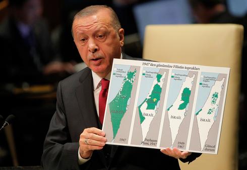 Turkish President Recep Tayyip Erdogan slams Israeli policy at the UN General Assembly in New York, Sept ember 2019  ()