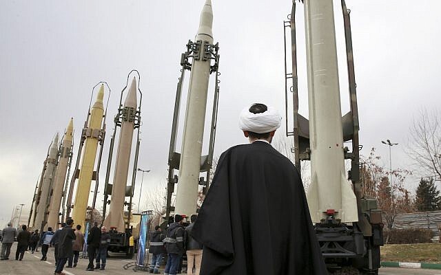 An Iranian clergyman looks at domestically built surface to surface missiles displayed by the Revolutionary Guard in a military show marking the 40th anniversary of the Islamic Revolution, at Imam Khomeini Grand Mosque in Tehran, Iran, February 3, 2019 (Photo: AP) An Iranian clergyman looks at domestically built surface to surface missiles displayed by the Revolutionary Guard in a military show marking the 40th anniversary of the Islamic Revolution, at Imam Khomeini Grand Mosque in Tehran, Iran, February 3, 2019