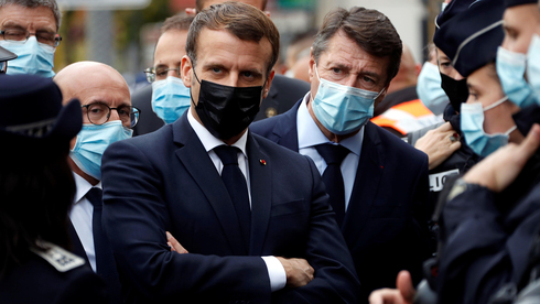 French President Emmanuel Macron at the scene of the terrorist attack in Nice