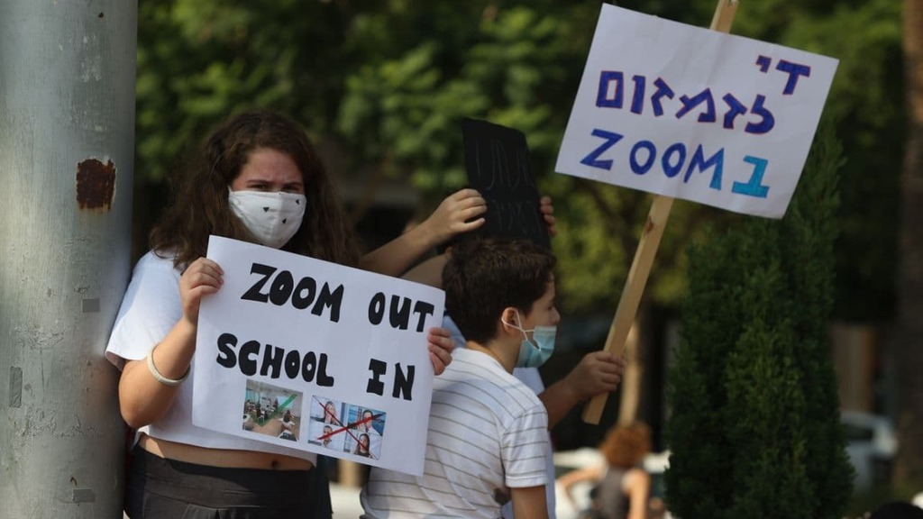Protest of teenagers for distance learning during the corona