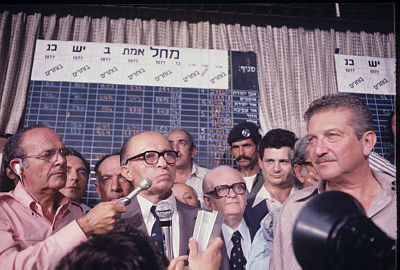 Begin speaks after the victory on election night 1977