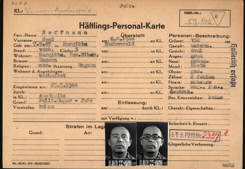 This reproduction provided on 22 March 2021 by the Arolsen Archives shows a prisoner card (Haeftlings-Personal-Karte) of Hungarian Jeno Hoffmann held prison by the Nazis in the concentration camps of Auschwitz and Buchenwald