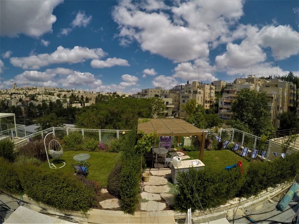 הערך האקולוגי של גגות ירוקים: הורדת הטמפרטורה בסביבה בין חמש לשבע מעלות (צילום: אואזיס גגות ירוקים) מרפסת על הגג בירושלים