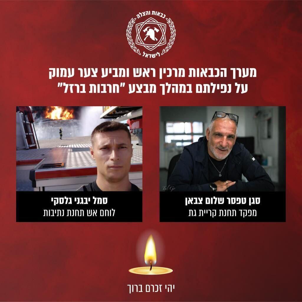 Israel Fire and Rescue Services announcement of the death of Shalom Tzaban (right) and Yevgeny Galsky סגן טפסר שלום צבאן מפקד תחנת קריית גת, יבגני גלסקי תחנת נתיבות