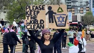 Woman holds antisemitic sign at pro-Palestinian rally 