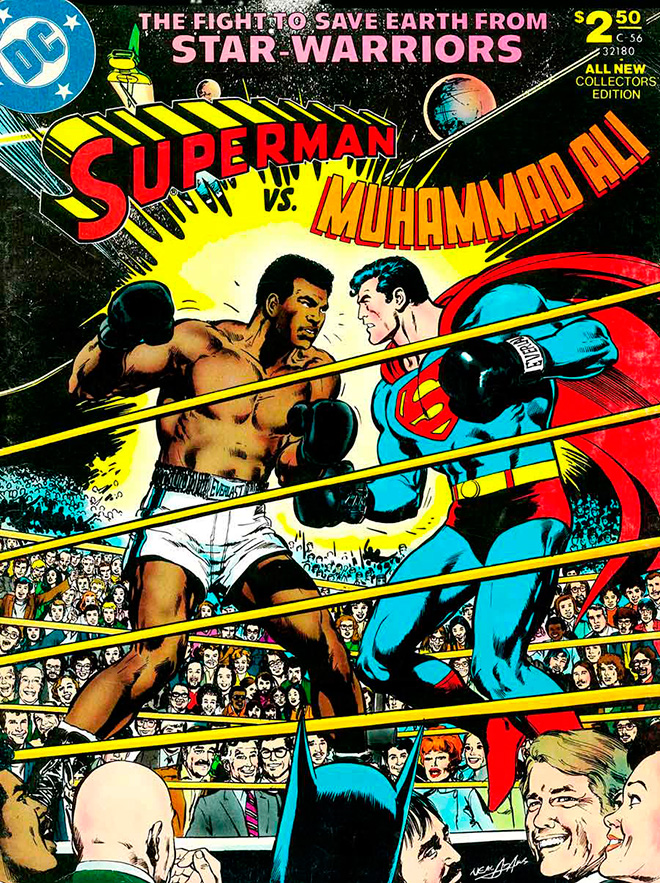 כוכב על, בשנת 1978 חברת הקומיקסDC הקדיש לעלי שער בו הוא נאבק בזירת האיגרוף נגד סופרמן. שימו לב מי משקיף עליהם מחוץ לזירה.