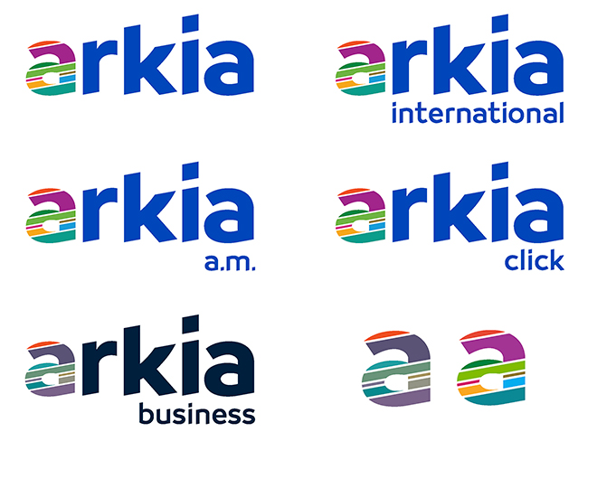 שימושים שונים ללוגו החדש של ארקיע, וצבעוניות מעט יותר ״דרמתית״ למחלקת העסקים, שתכנס בעתיד. מתוך ספר המיתוג של ארקיע / סטודיו ברוך נאה 